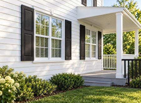 Black PVC exterior shutters mounted on a brick wall, featuring a sleek, traditional design ideal for enhancing curb appeal and weather durability.
